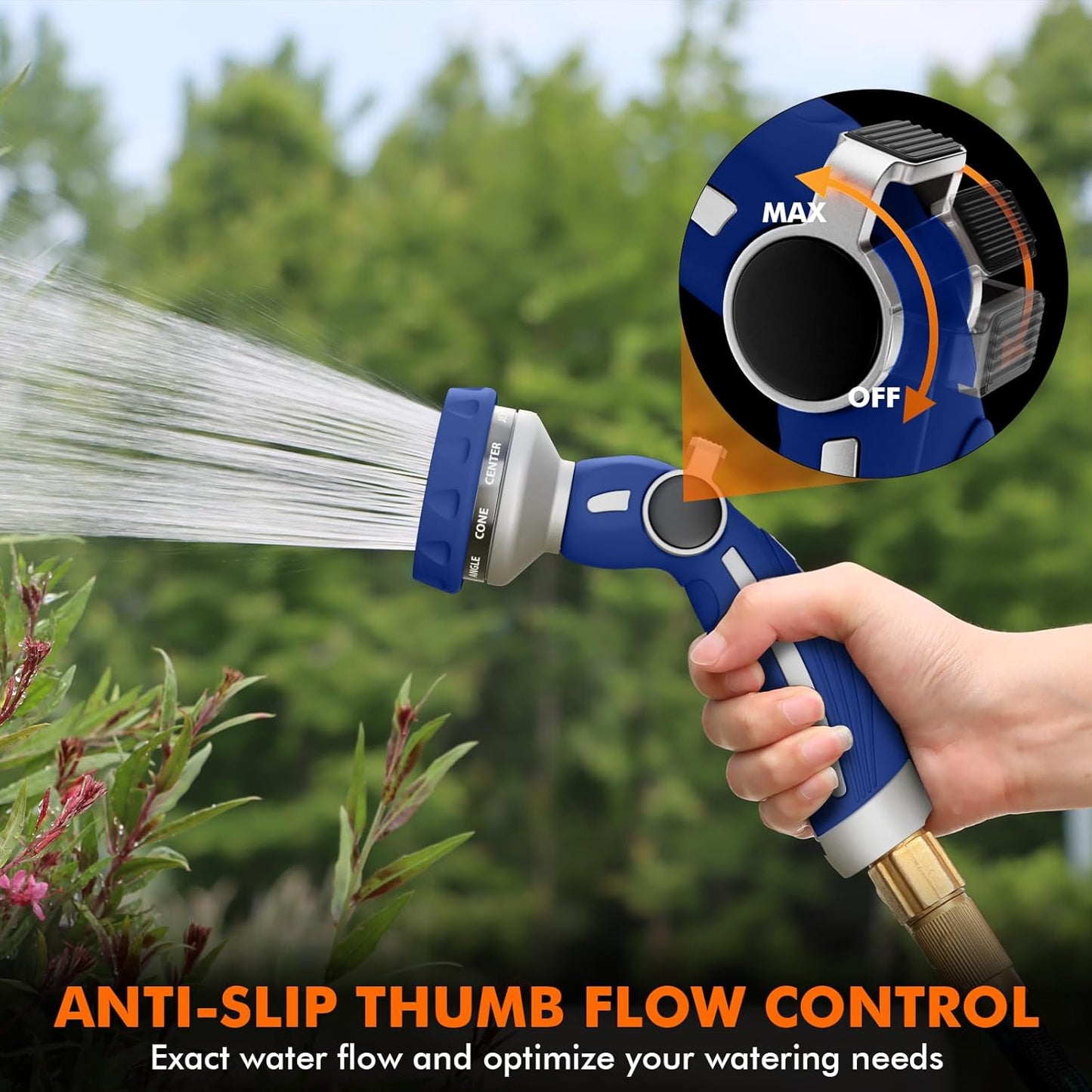 RESTMO Heavy-Duty Metal Hose Nozzle - 9 Spray Patterns | High Pressure with Thumb Flow Control | Ideal for Lawn, Car & Pet Washing, Blue