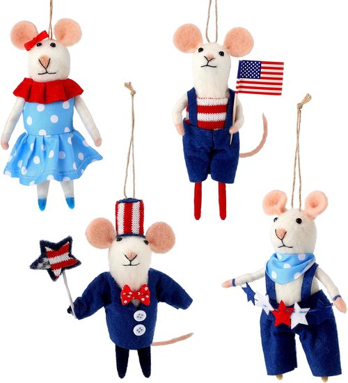 Hahafelt 4 Pcs 4th of July Felt Mice Ornaments - Cute Patriotic Wool Mouse Set for Memorial Day Decor | 3.94 Inch