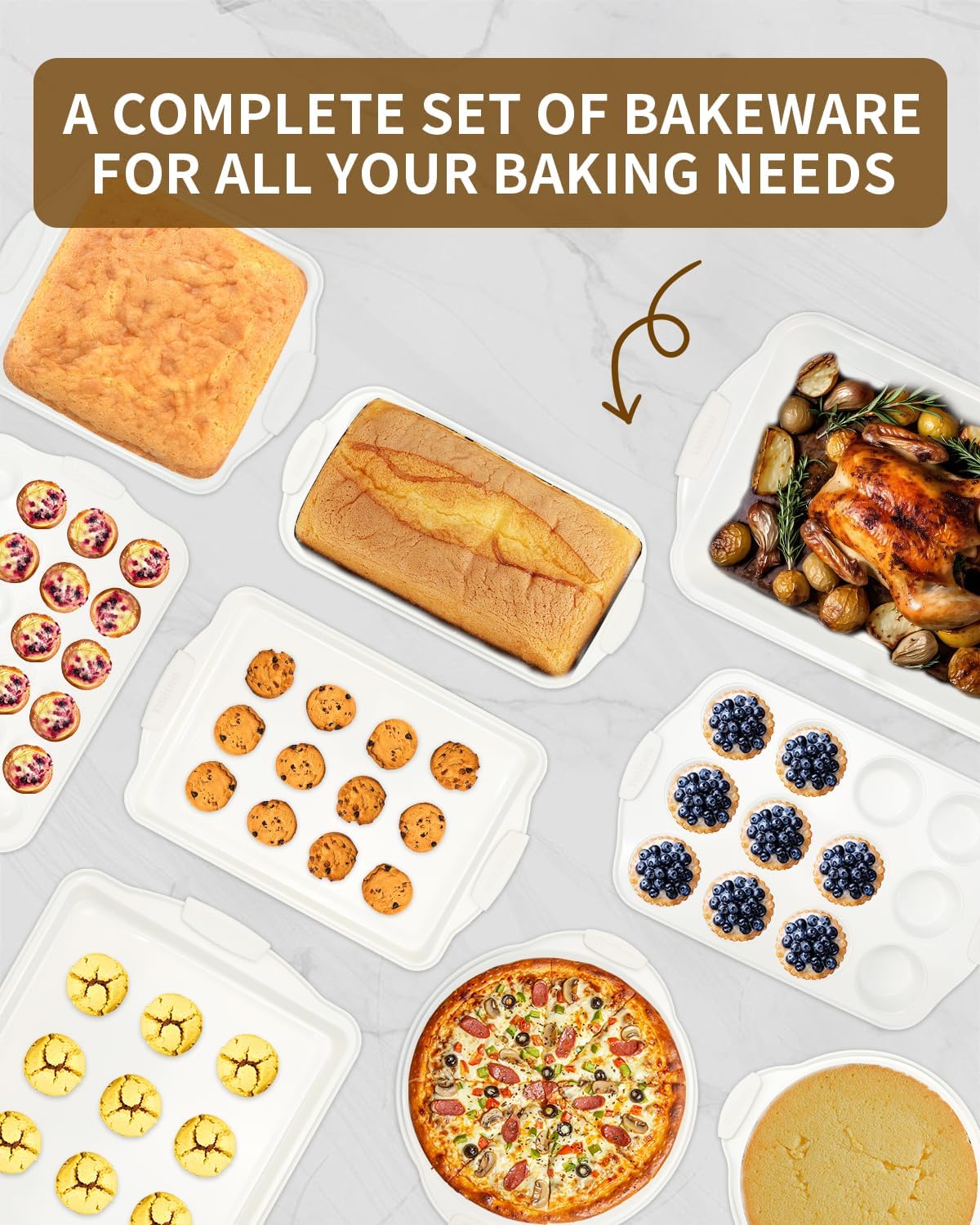 Skiennix Baking Pans Set - 34 PCS Nonstick Bakeware with Silicone Handles | Includes Cookie Sheet, Cake Pans & More