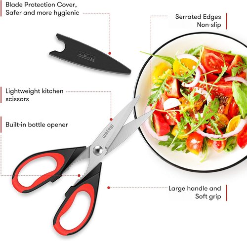 iBayam Kitchen Scissors - Heavy Duty Stainless Steel Shears Set | 2 Pack with Protective Sheath & Comfort Grip
