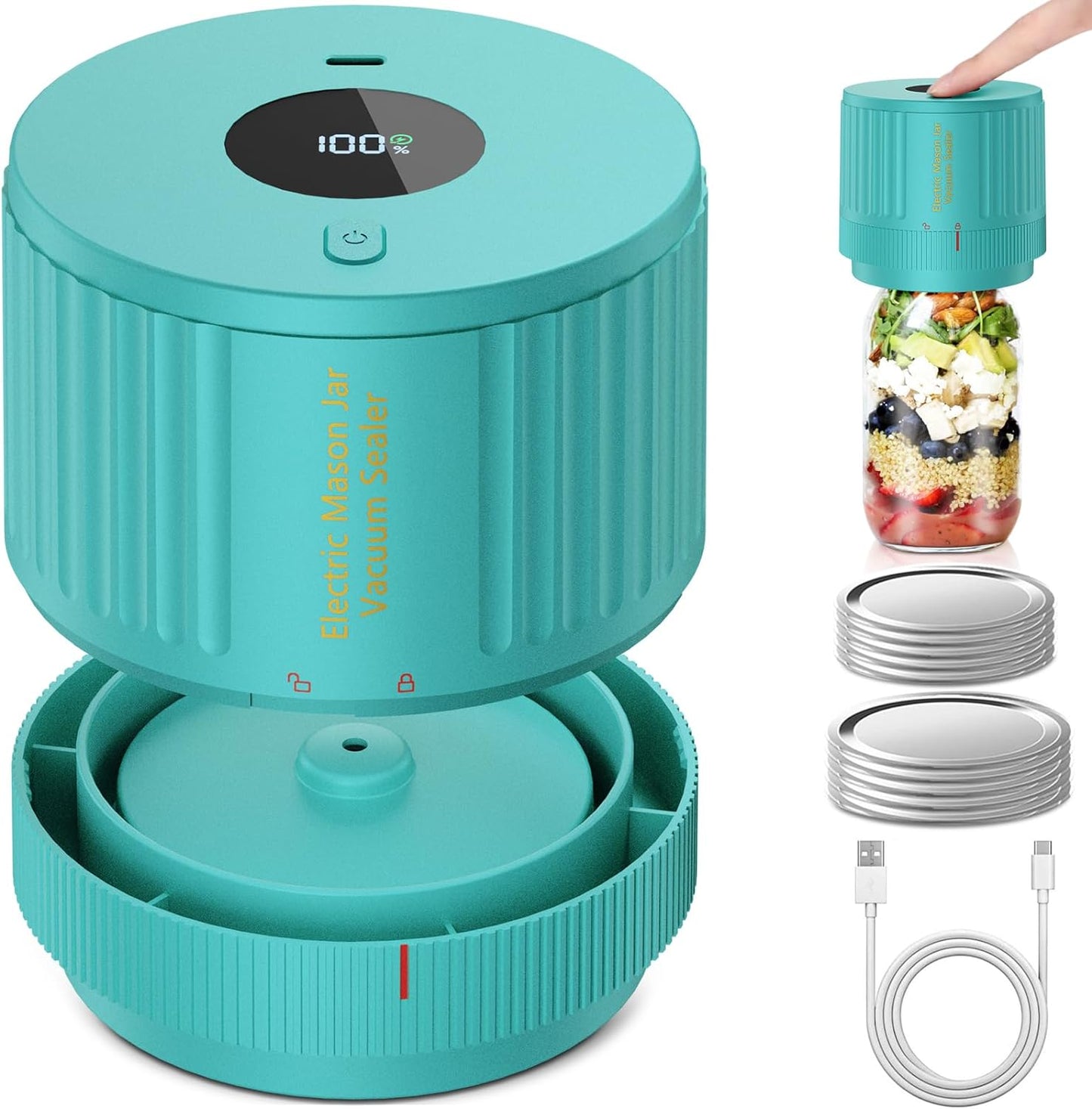 LOVE MOMENT Electric Mason Jar Vacuum Sealer Kit - Ideal for Wide & Regular Mouth Jars - Green