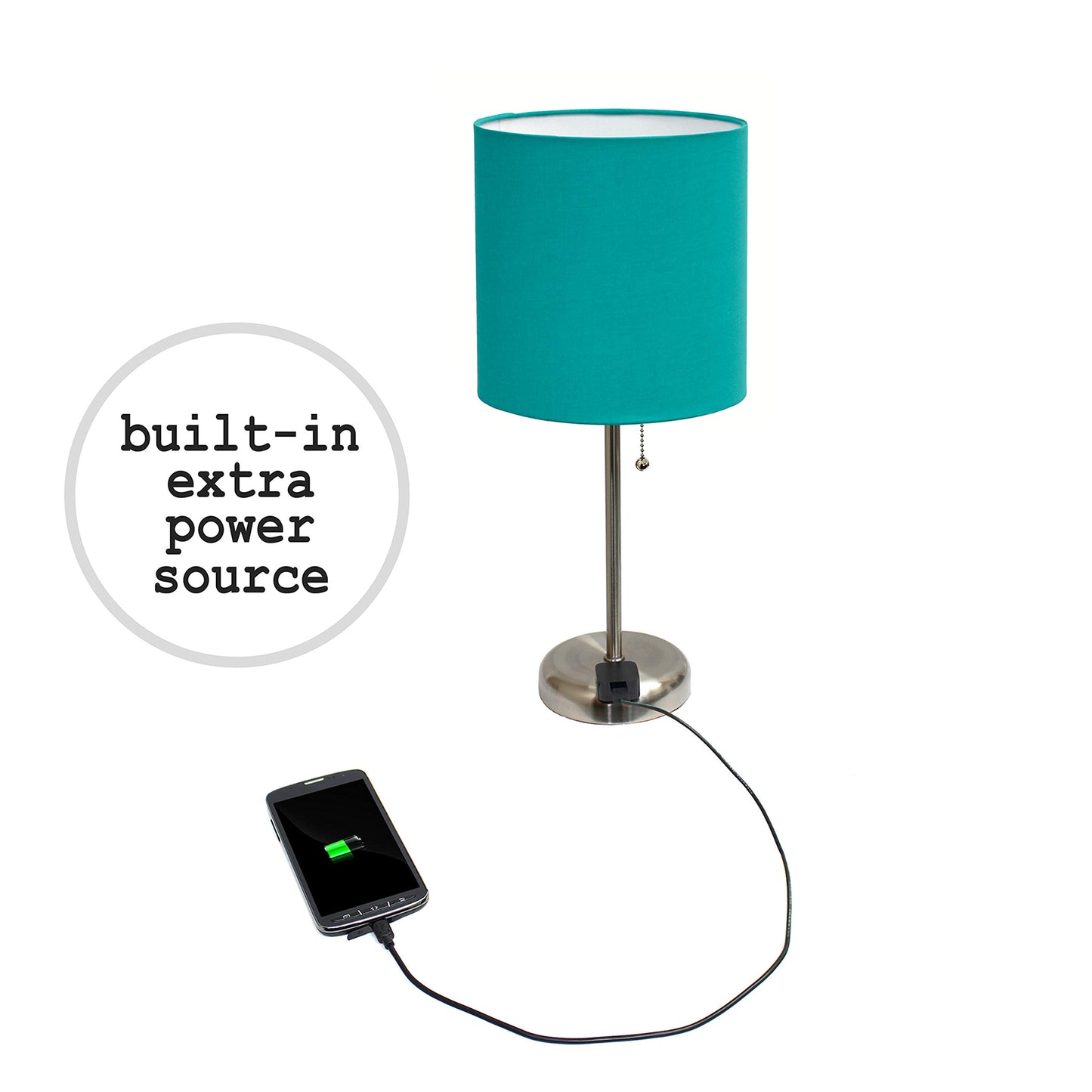 Simple Designs LC2001-TEL-2PK Brushed Steel Stick Table Lamp Set with Charging Outlet and Teal Fabric Shades, 2 Pack Set