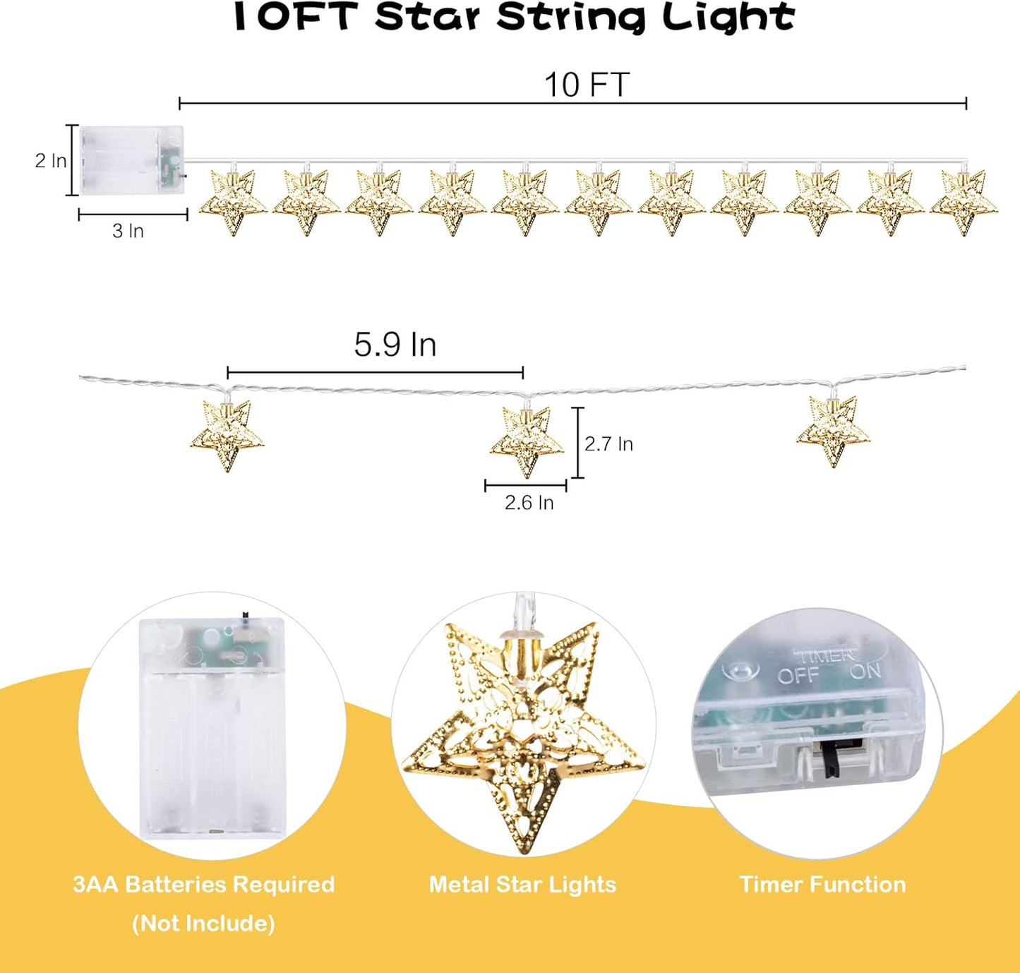 Vigdur 10Ft Star String Lights - 20 LED Fairy Lights with Timer | Battery Operated Ramadan Home Decor