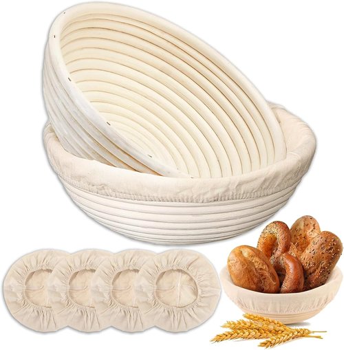 Banneton Bread Proofing Basket Set - 9-Inch Round Natural Rattan with 4 Linen Liners | Ideal for Sourdough Baking