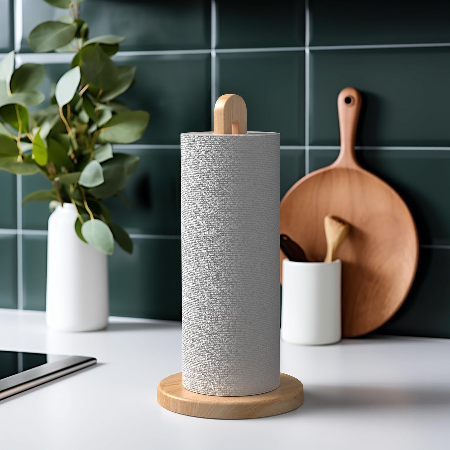 KitchLife Wooden Paper Towel Holder Countertop, Fits Jumbo Roll, Solid Freestanding Beech Wood Light Wood Paper Towel Dispenser Stand with Non-Slip Base