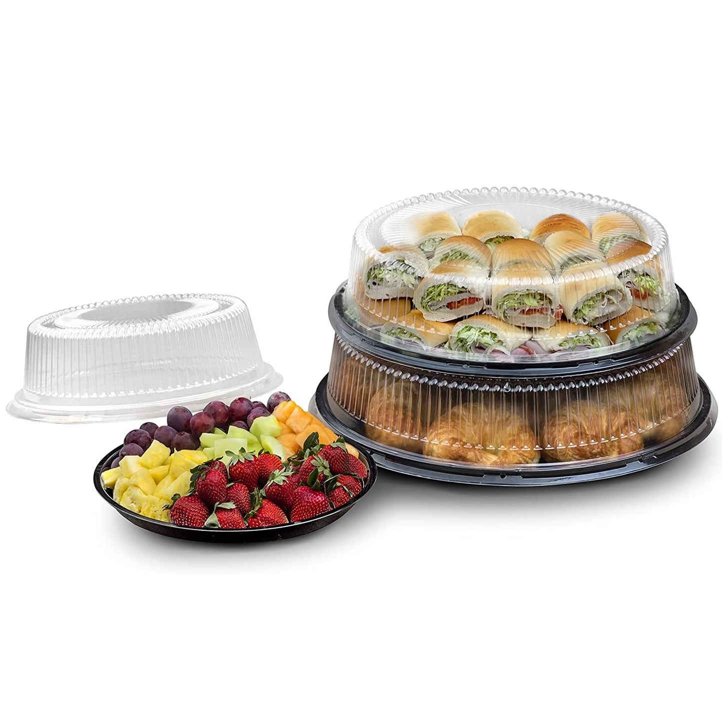 Party Essentials N121721 Hard Plastic Tray With Clear Dome Lids, 12", Black