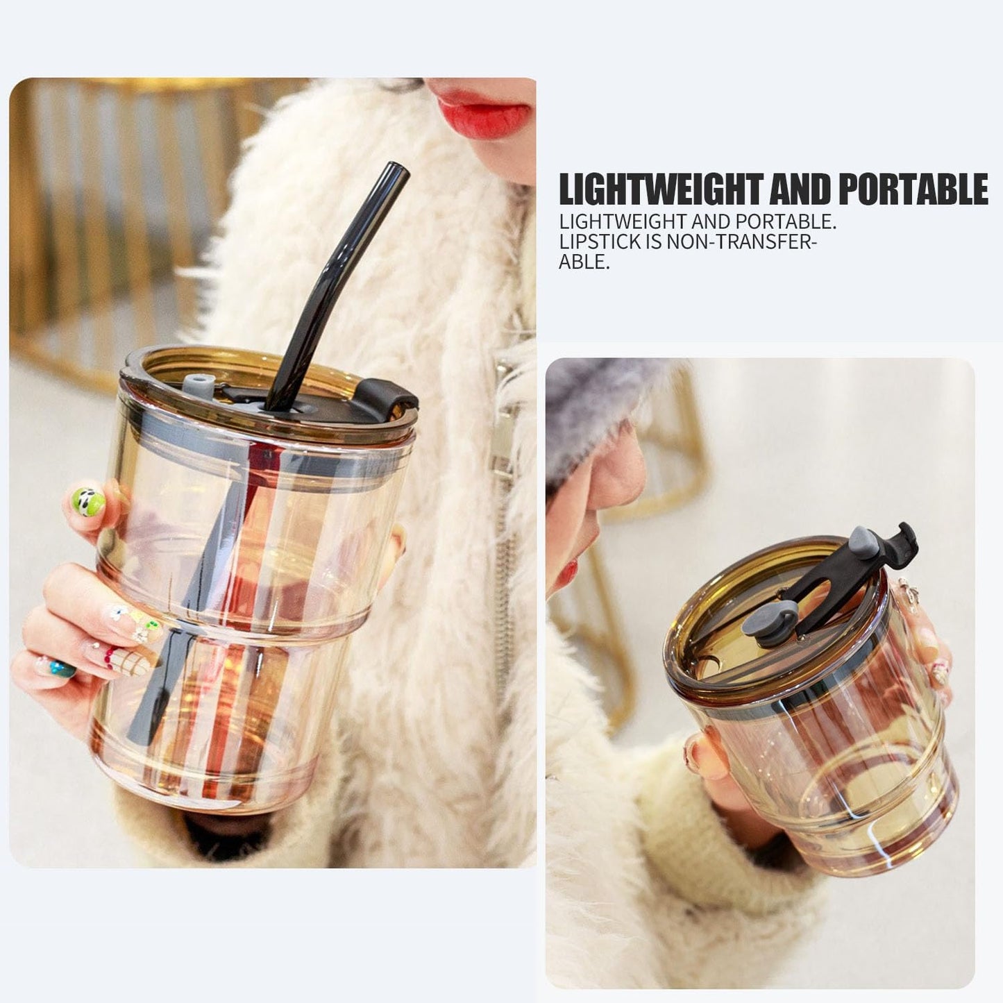 LEKAYIHU 13oz/400ml Glass Tumbler with Straw and Lid, Iced Coffee Cups with Lids, Iced Tea, Thick Wall Insulated Glass Cup,Reusable Iced Coffee Cup (Amber)