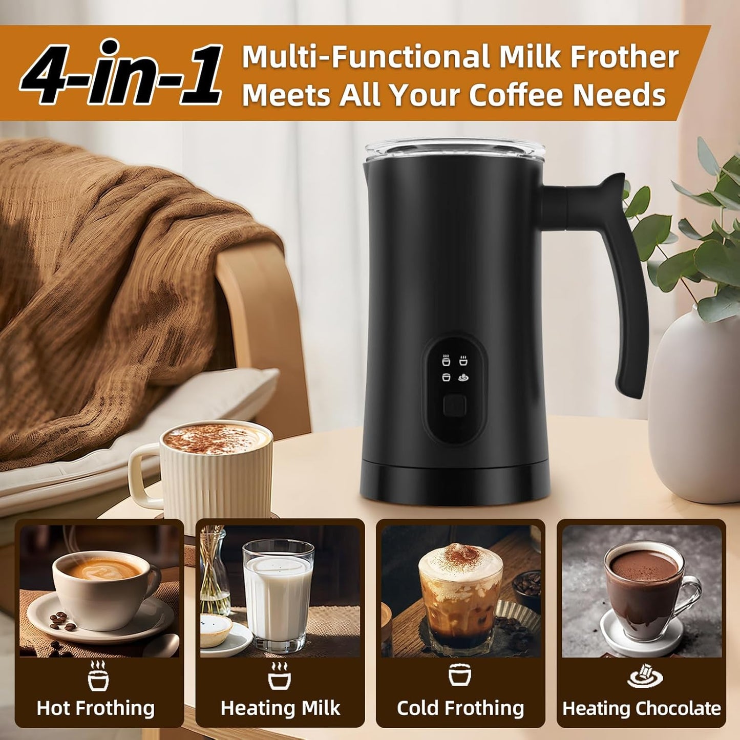 Skiennix Electric Milk Frother - 4-in-1 Automatic Steamer for Coffee | 350ml Warm & Cold Foam