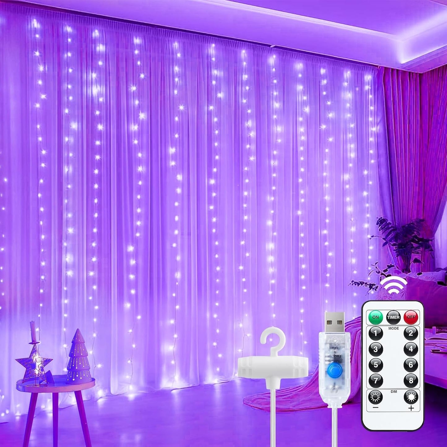 Minetom 300 LED Purple Curtain Lights - Dimmable Fairy Lights with Remote & Timer | USB Powered for Indoor Decor