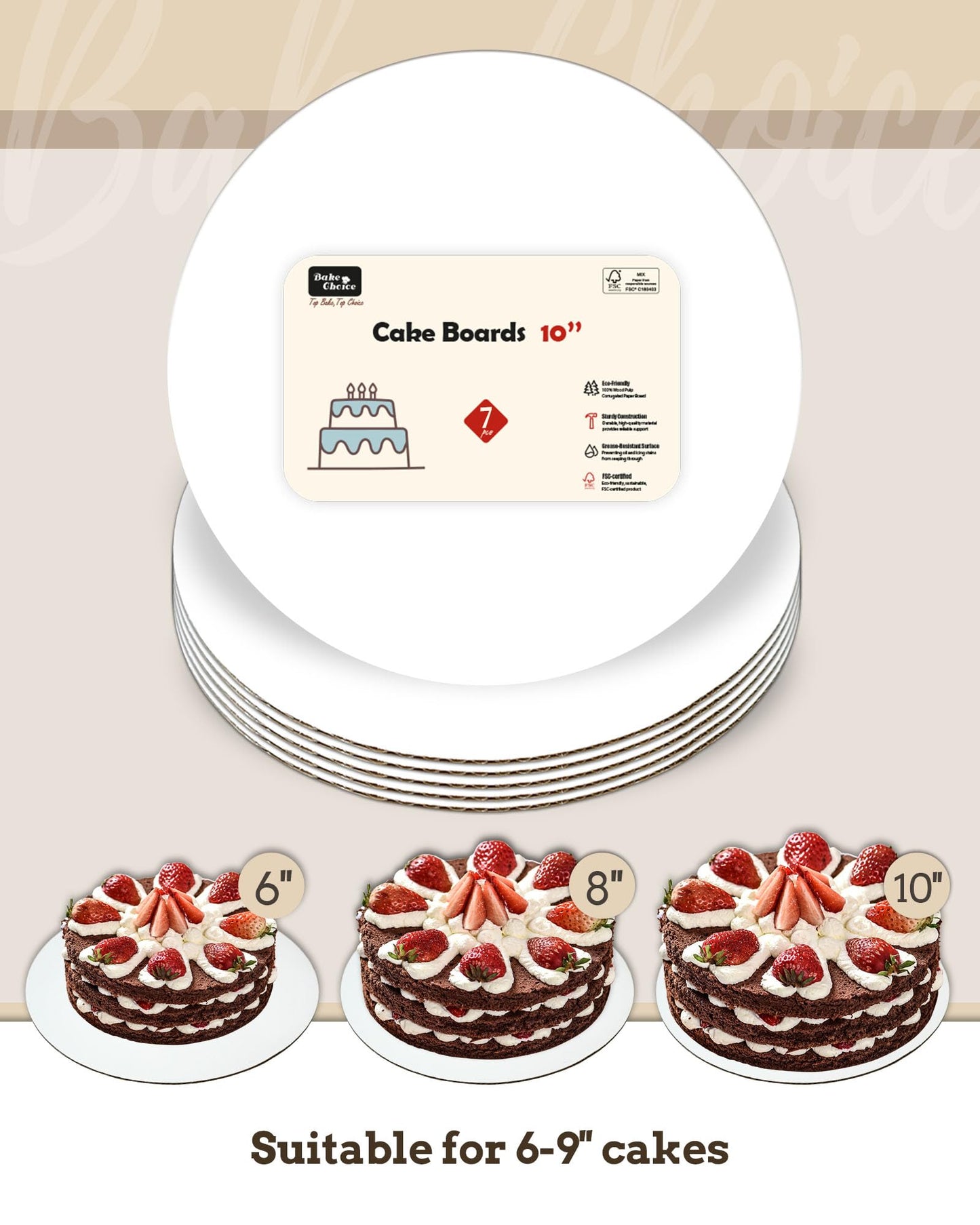 Bake Choice Cake Boards 10 inch Round, 7 Pack Food-Graded Cardboard Cake Rounds, Waterproof and Oil-Proof Cake Plates, Sturdy Corrugated Cake Base, Ideal for Baking, Cake DIY, Dessert and Crafting