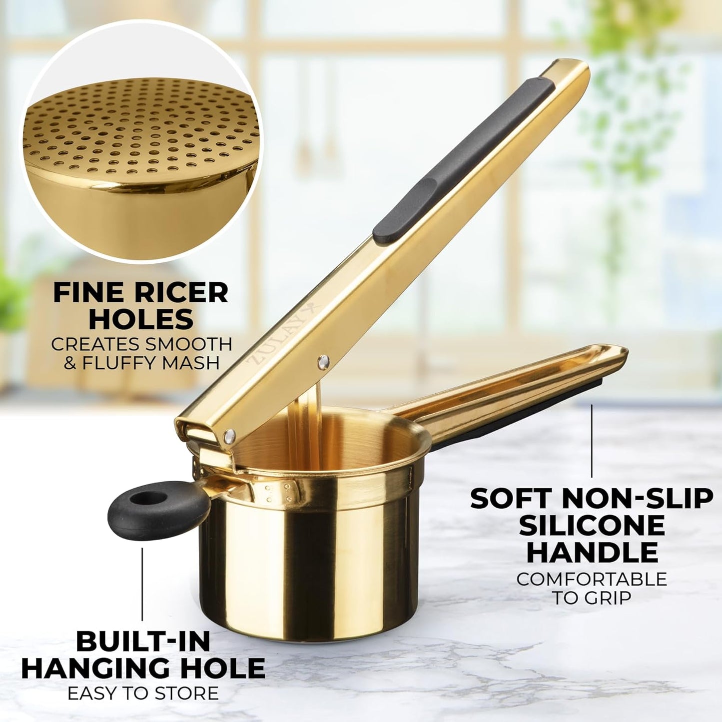 Zulay Kitchen Premium Potato Ricer - Heavy Duty Stainless Steel Masher Tool | 15oz Gold/Black