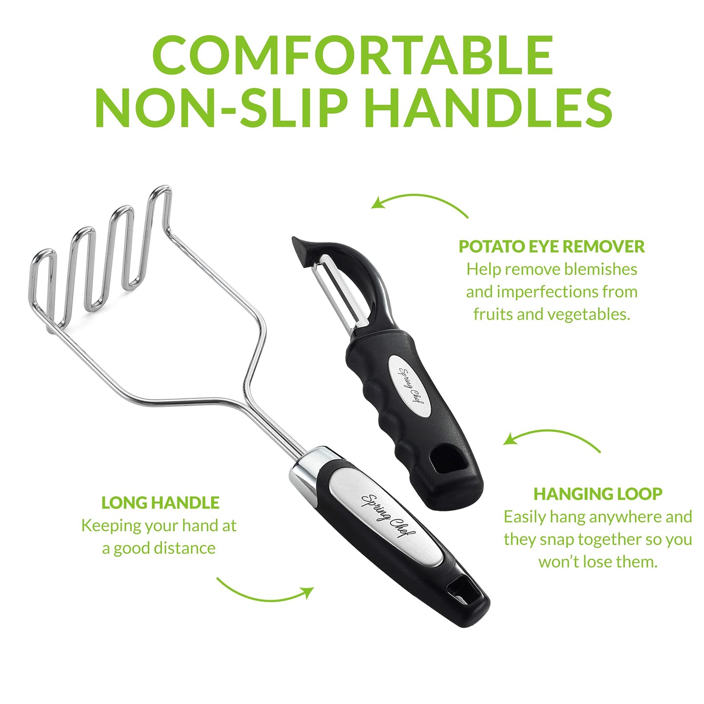 Spring Chef Stainless Steel Premium Vegetable Peeler with Potato Masher, Soft Grip Handle Metal Food Peeler and Masher for Fruit & Vegetables