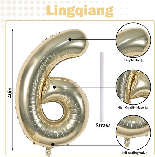 Champagne Gold Number 6 Balloon - 40In Large Foil Helium Balloon for 6th Birthday & Anniversary Celebrations