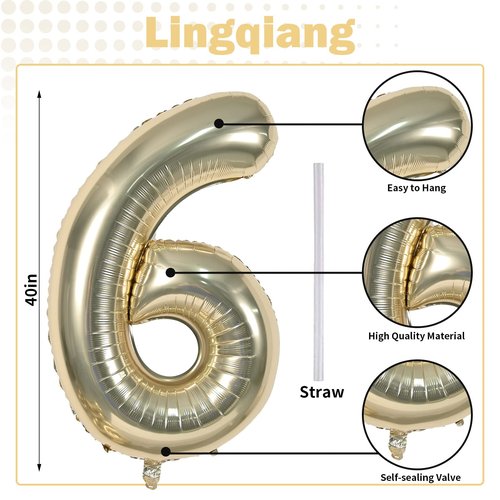 Champagne Gold Number 6 Balloon, 40In Large Foil Number Balloons Set 0-9 for Women, Self Inflating Light Gold Digital 6 Helium Balloon for Girls Boys 6th Birthday Anniversary Party Decoration Supplies