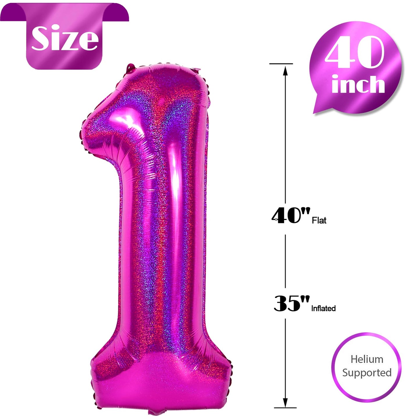 40 Inch Laser Hot Pink 1 Balloon for First Birthday, 1st Number Balloons Birthday Decorations for Girl Kids Toddler Baby, One Giant Number 1 Balloon