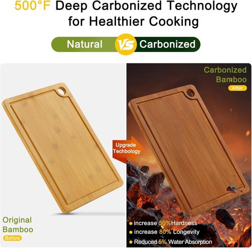 Homaxy Bamboo Cutting Board Set - 3 Wooden Boards with Non-Slip Mat & Deep Juice Groove | Ideal for Meat, Fruits & Vegetables