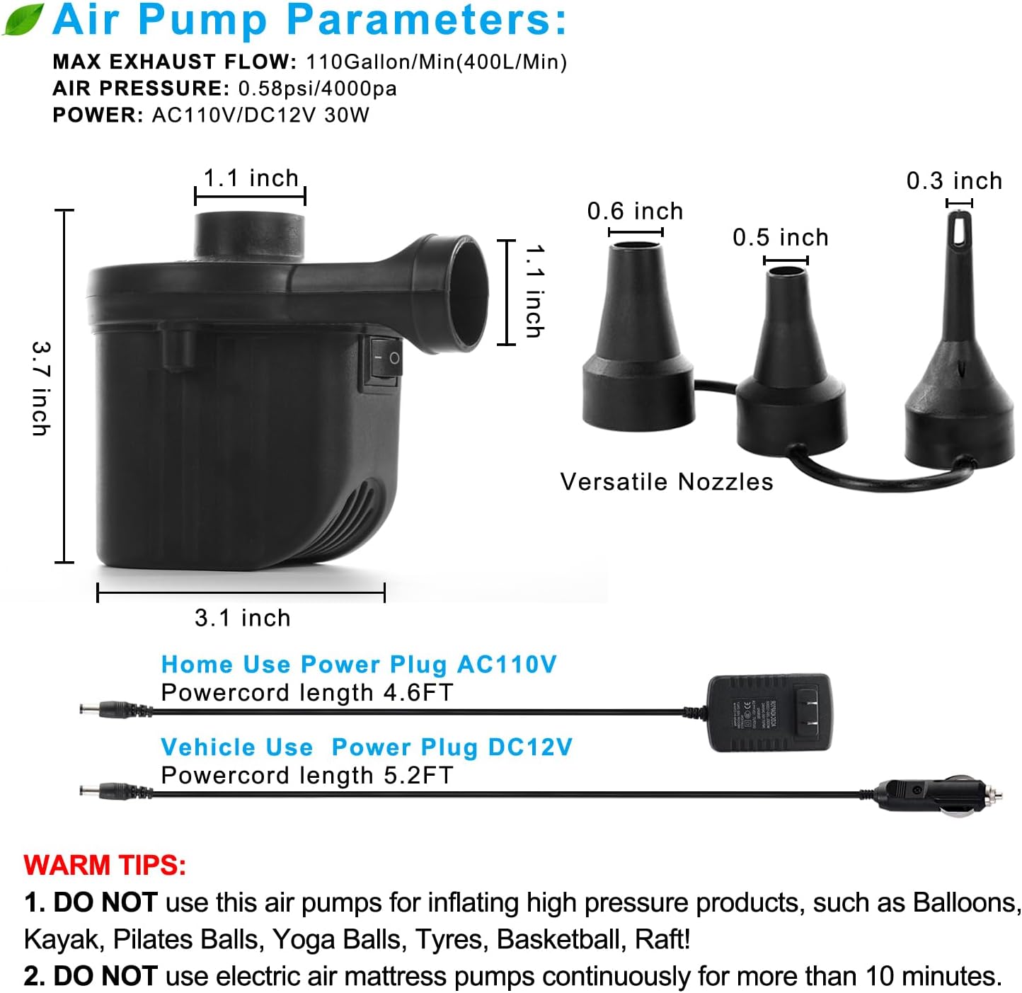 Newpol Electric Air Pump - High-Performance Inflatable Bed Pump for Mattresses & Pools | AC110-240V/DC12V