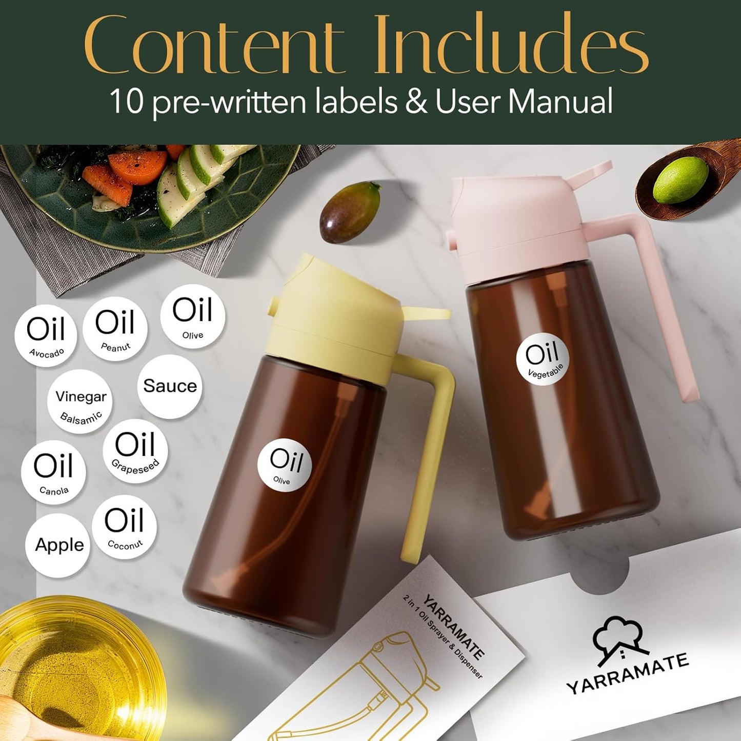 YARRAMATE Light Blocking Oil Sprayer - 16oz Food-Grade Olive Oil Dispenser Bottle | Premium Dark Amber Glass for Kitchen & BBQ