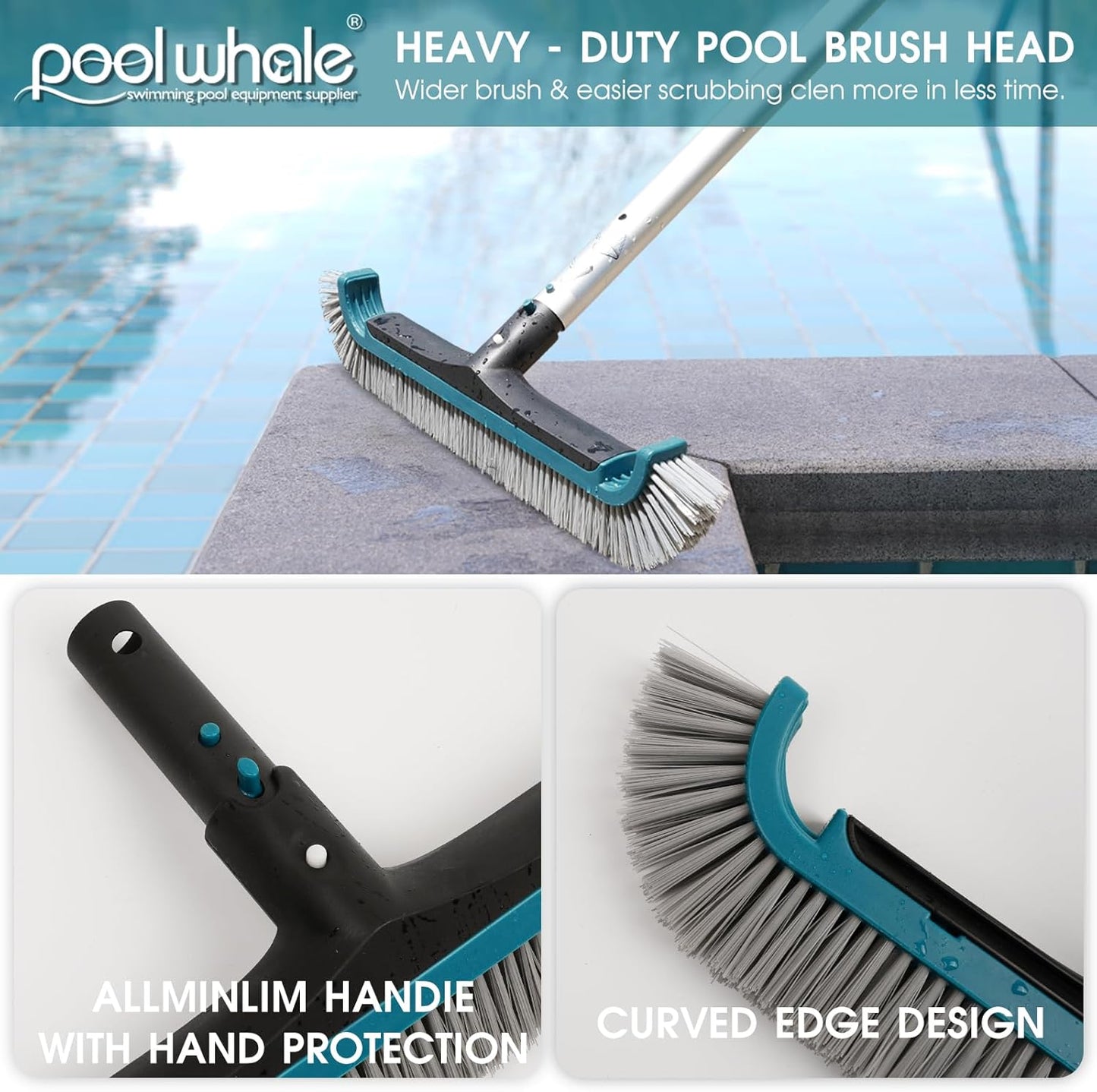 Skiennix Swimming Pool Cleaning Kit - Aluminum Frame Skimmer Net & 10Ft Adjustable Pole | 17.5” Brush Head