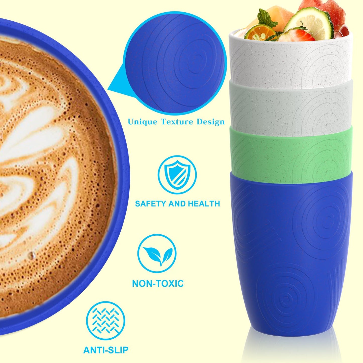 Homienly Drinking Glasses & Everyday Kids Tumblers Wheat Straw Cups 4-Pack Set | Textured Reusable Plastic Cups Essential Kitchen Cups | Dishwasher Safe for Party, Home, Camping (12 oz, Island Color)