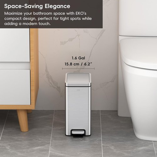 EKO Small Bathroom Trash Can - Stainless Steel, Soft Close Lid, 6 Liter | Anti-Fingerprint Finish (Silver)
