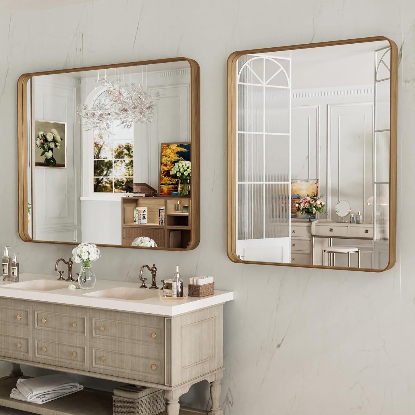 LOAAO Bathroom Mirror - 40x32 Inch Rounded Rectangle Design with Wood Grain Metal Frame | Anti-Rust, Versatile Hanging Options