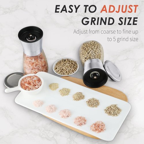 Ebaco Salt and Pepper Grinder Set - Adjustable Coarseness Refillable Stainless Steel Mills | 6oz (2 Pack)