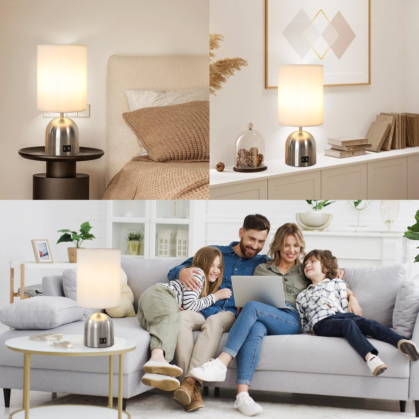 Yacoto Touch Control Table Lamp for Bedroom, 3 Way Dimmable Modern Silver Bedside Lamps with 2 USB Charging Ports with Metal Base Fabric Shade for Nightstand, Office, Living Room(Bulb Included)