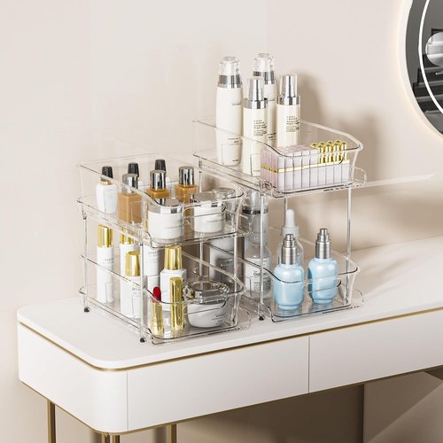 Delamu 2-Tier Under Sink Organizer - Multi-Purpose Stackable Bathroom & Kitchen Storage | 2 Pack, Clear