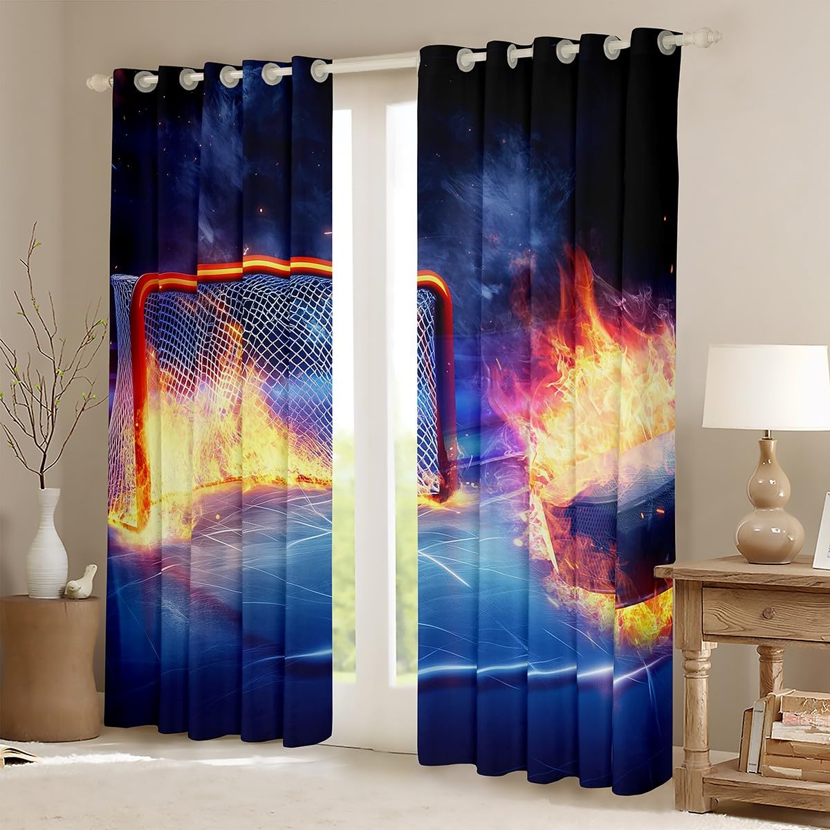 Feelyou Ice Hockey Curtains for Bedroom Living Room Hockey Player Kids Blackout Curtains Puck Hockey Darkening Dreapes Winter Sports Window Treatments 2 Panels, 52 x 84 Inch