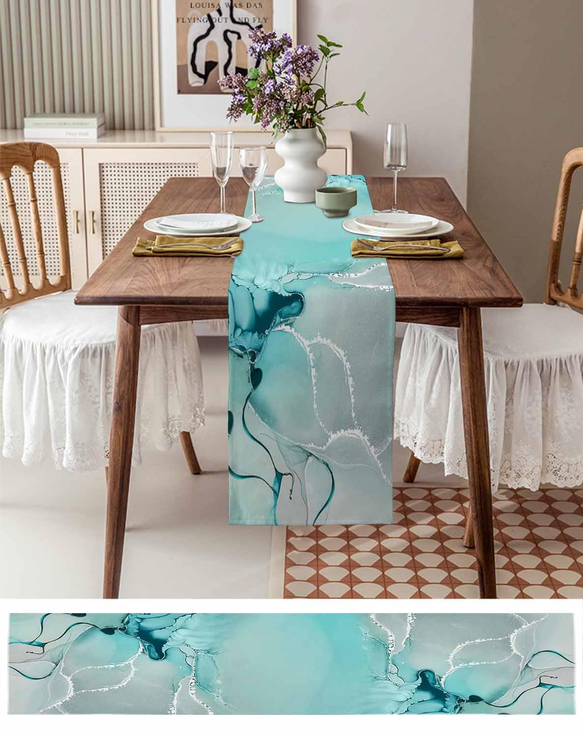 Marble Turquoise Teal Aqua Table Runner 90 Inches Long,Cotton Linen Modern Kitchen Dinner Dining Table Runners Decor Long Dresser Scarf,Burlap Tablerunner for Coffee/Dining/Party/Wedding Table