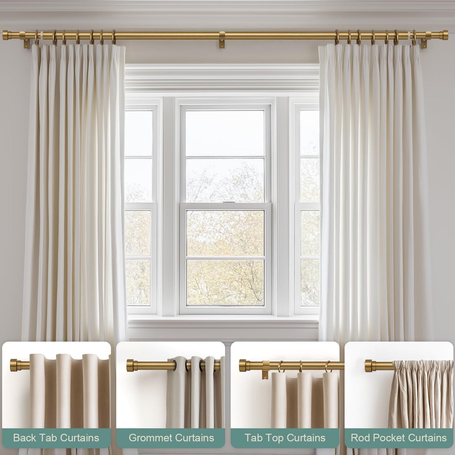 Lootkell Adjustable Curtain Rods - Warm Gold Heavy Duty 1" Diameter for Windows 72 to 144 Inches | Solid Metal Finials