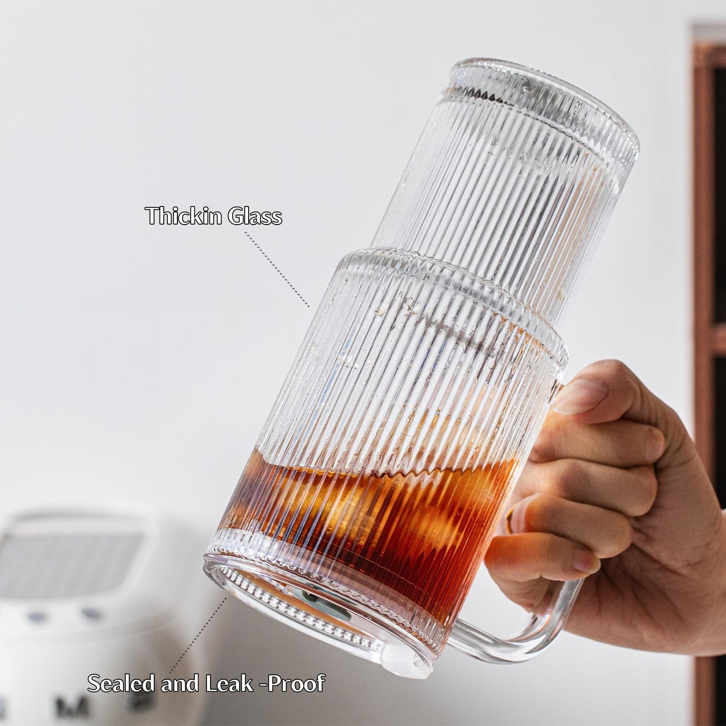 INSETLAN 24oz Ribbed Glass Tumbler with Handle & Lid – 2-Pack Large Iced Coffee Cups with Straws, Modern Glass Mug for Cold & Hot Beverages, Aesthetic Travel Cup for Smoothies, Tea, and Juice