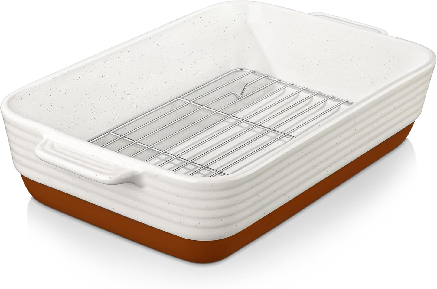 MALACASA 4.8 Qt Ceramic Baking Dish - Deep Roasting Pan with Stainless Steel Rack & Handles | Khaki & White