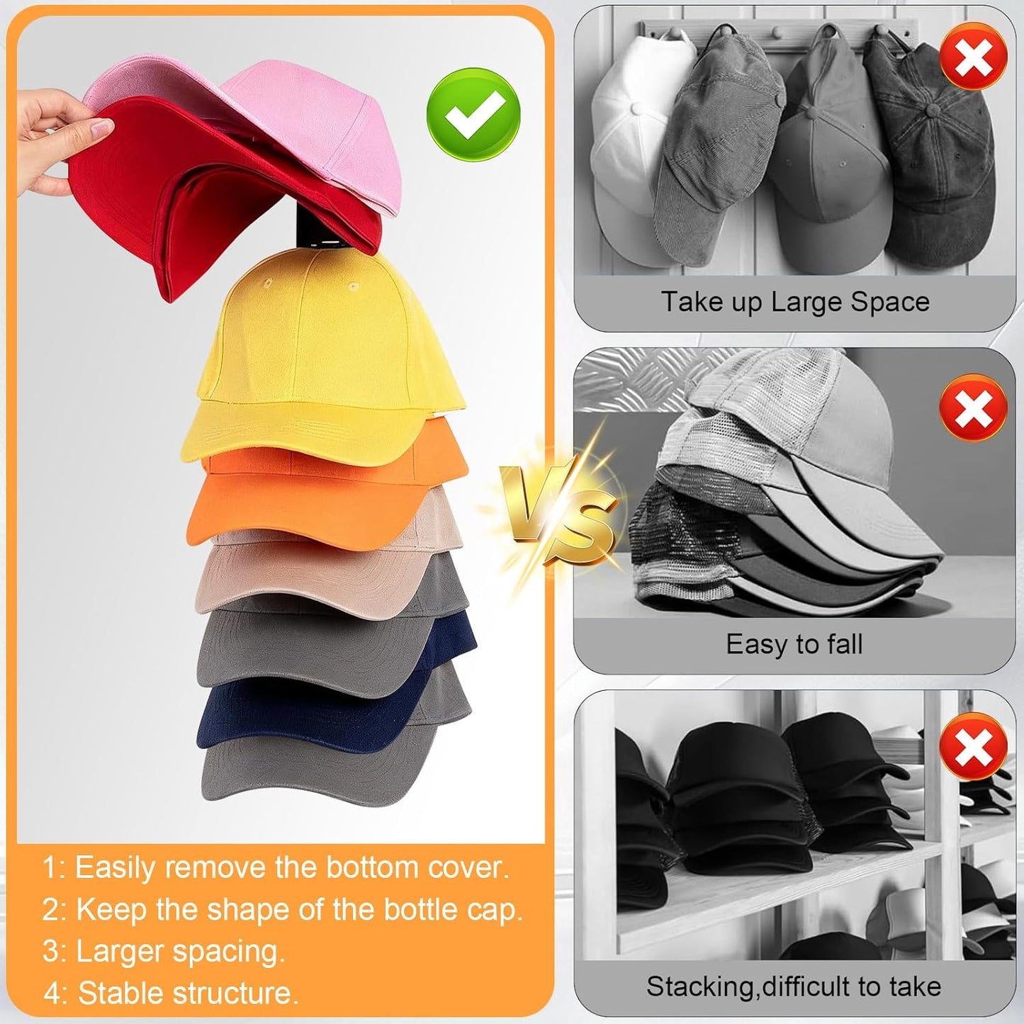 Skiennix Hat Organizer | 2-Pack Baseball Cap Rack with Strong Adhesive & Screw-in Holders for Closet & Bedroom
