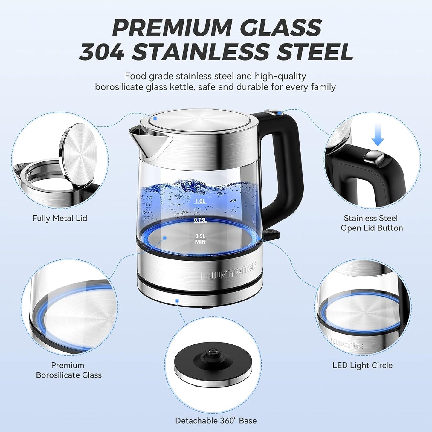 LUUKMONDE Electric Kettle, 1L 1500W, Small Glass Tea Kettle, Hot Water Boiler with LED Indicator, Cordless Water Heater Kettle, BPA-Free, Fast Boiling, Auto Shut-Off, Boil-Dry Protection
