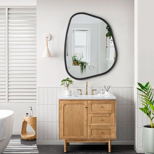 Black Asymmetrical Mirror Large 26"x18" Irregular Oval Wall Mirror Modern Wood Frame Unique Shape Wall Mounted Vanity Artistic Mirror Decorative for Living Room Bedroom Bathroom Entryway Hallway
