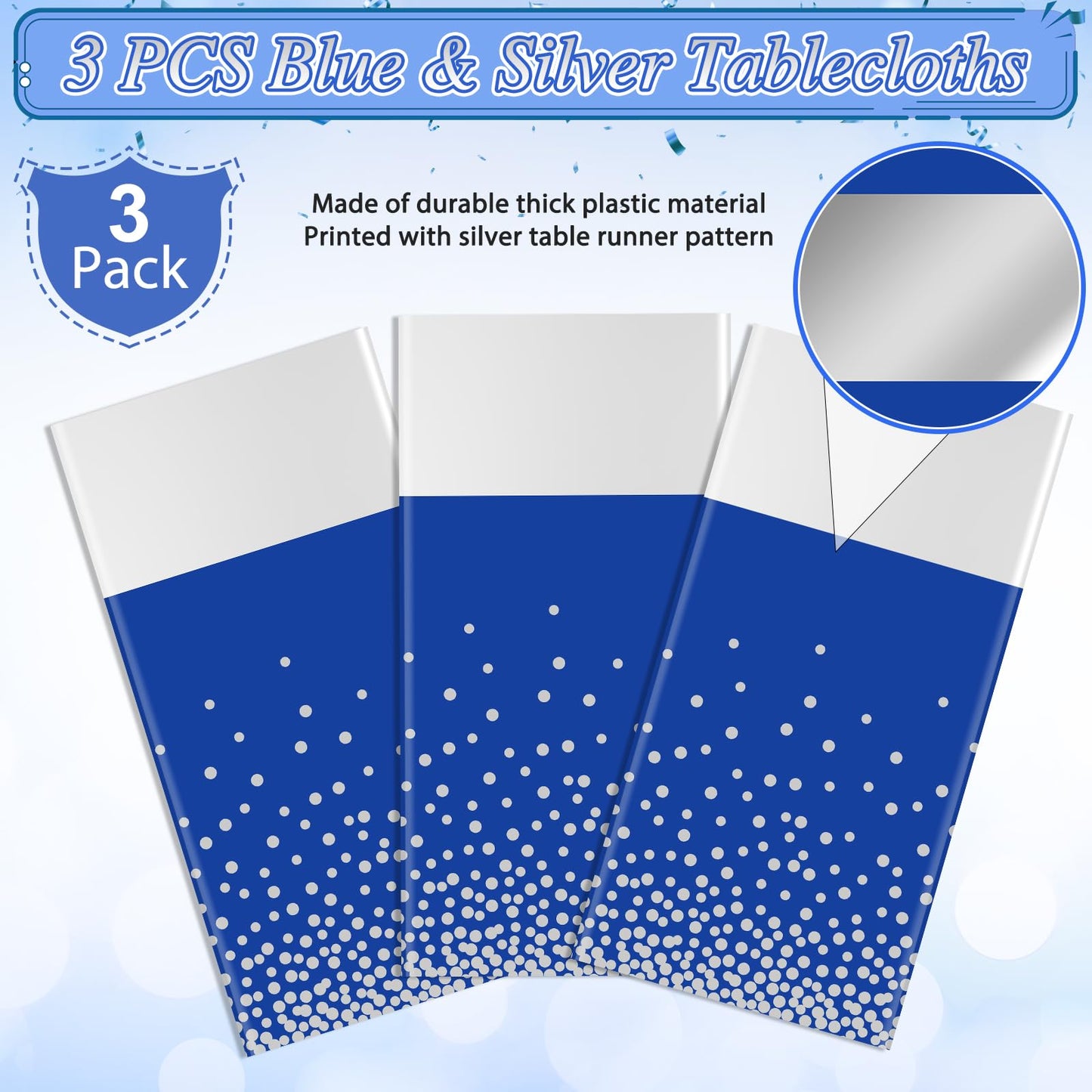 3Pcs Blue and Silver Tablecloth Party Decorations,Plastic Royal Blue Table Cloth Printed Silver Table Runner Disposable Rectangle Tables Cover for Anniversary Wedding Graduation 2025 Party,54x108 Inch