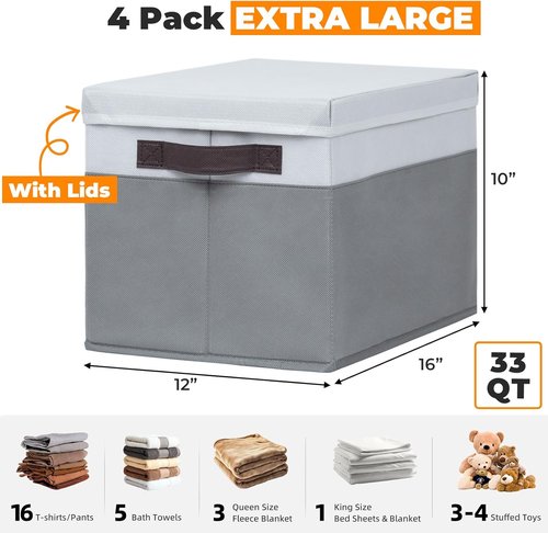 Extra Large Storage Baskets - 33 QT Decorative Organizers with Lids | 4 Pack for Living Room & Closet - 16x12 in