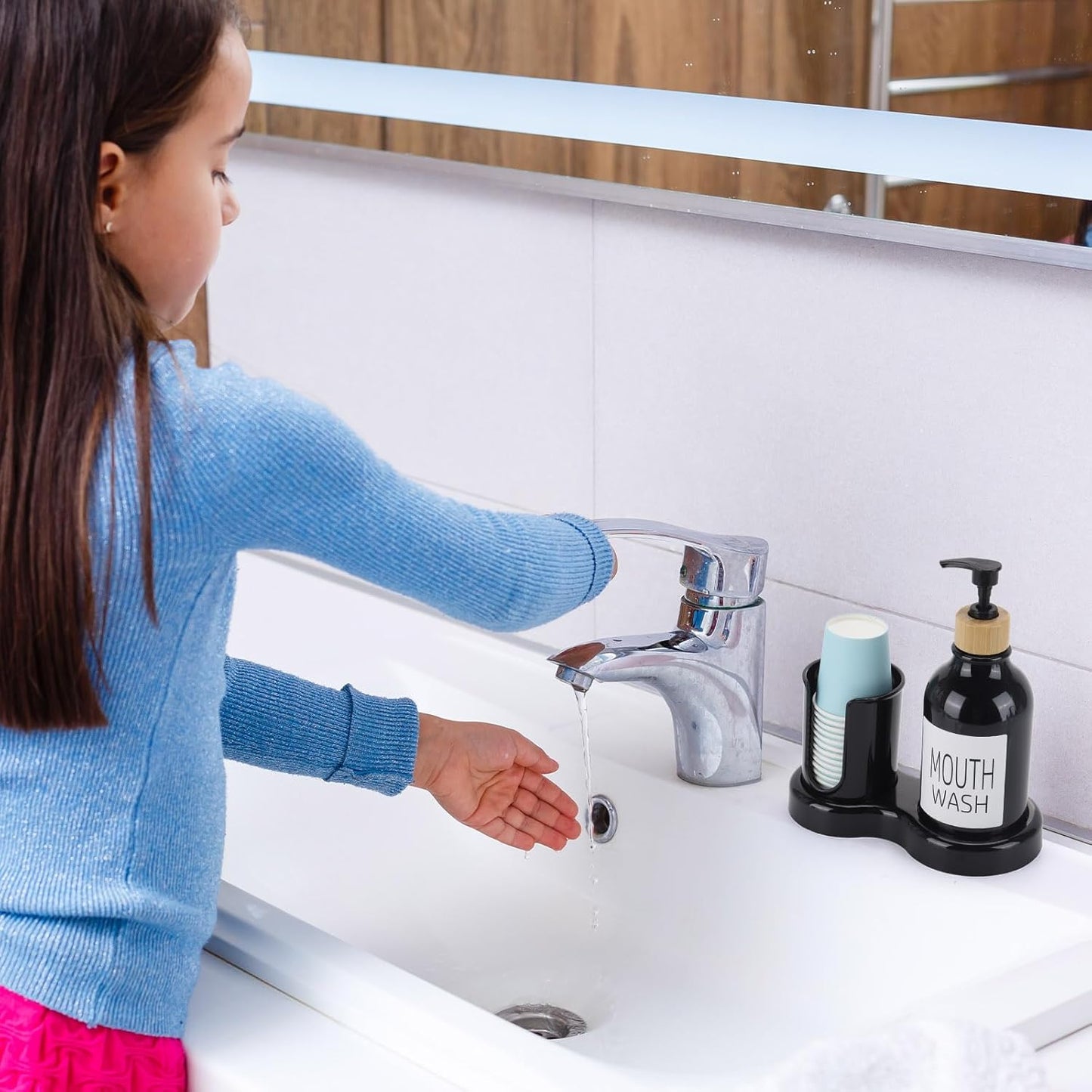 Regine Switzerland Mouthwash Dispenser - 16oz Plastic Holder with Cup and Tray - Black
