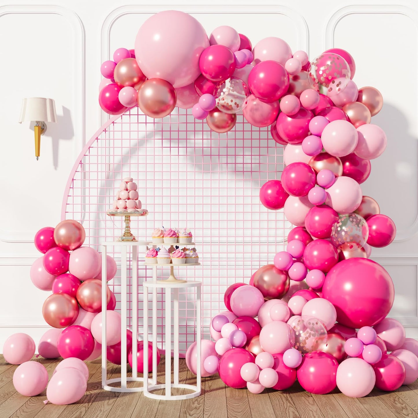 RUBFAC 160pcs Pink Balloon Arch Garland Kit, Hot Pink Rose Gold Metallic Confetti Balloons for Birthday Baby Shower Princess Theme Party Wedding Background Decorations