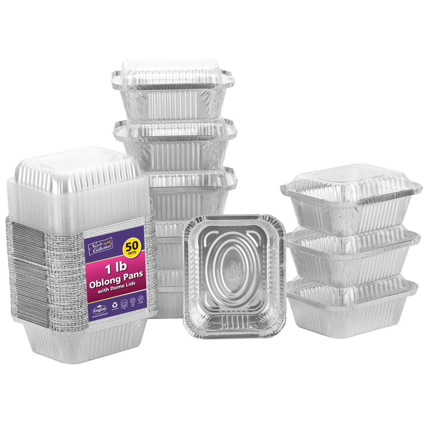 Aluminum Pans With Plastic Dome Lids - 50 Count - 1LB Oblong Pans (5"x4")- To Go Containers With Lids - Disposable Tin Foil Pans - Perfect For Catering, Meal Prep, Baking, Freezer Safe