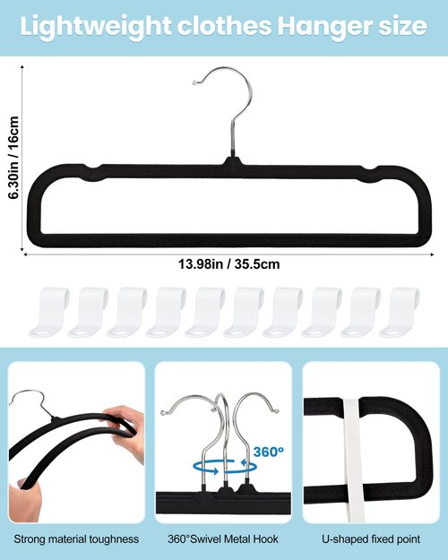 HGYZE Velvet Pants Hangers with Non Slip Bar, 20 Pack Felt Trouser Hanger, Perchas Terciopelo, Percha para Pantalones with 360° Swivel Hook for Spaghetti Strap Dresses, Shorts, Jeans, Slack, Black