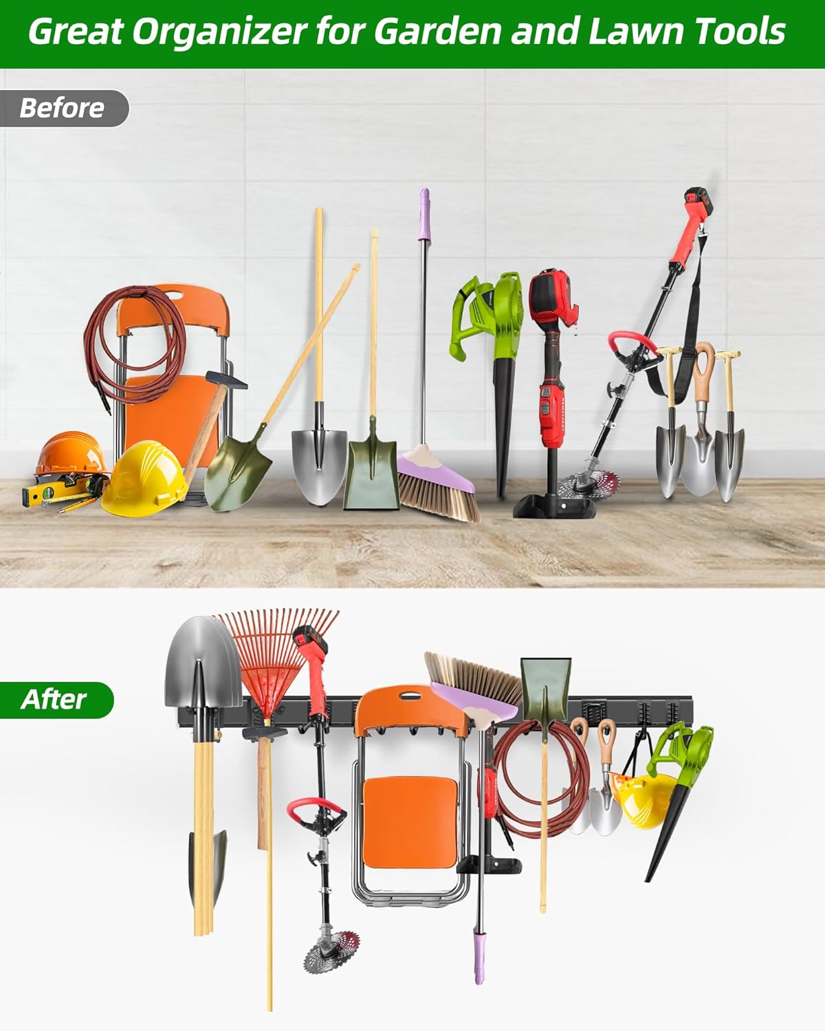 PIYILO Garage Tool Organizer - Heavy Duty Wall Mount Rack with 10 Hooks for Lawn Tools | 64 Inches