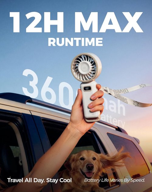 Diveblues Portable Turbo Fan - 100 Speed Handheld Fan with Strong Airflow | Foldable 4-in-1 Design for Neck, Desk & Travel