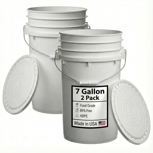 Hudson Exchange 7 Gallon (2 Pack) Large Bucket Pail Container with Easy Peel Lid, Food Grade BPA Free HDPE, White