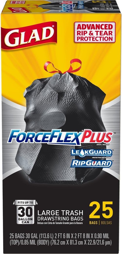 Glad Trash Bags | ForceFlexPlus 30 Gallon Large Drawstring Garbage Bags - 25 Count (Pack of 6)