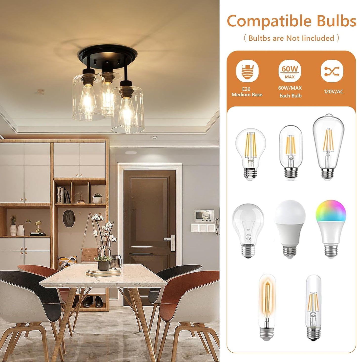 Semi Flush Mount Ceiling Light, 3-Light Ceiling Light Fixture Clear Glass Shades Black Kitchen Light Fixtures Close to Ceiling Light Fixtures for Dining Room Hallway Foyer Bedroom Entryway