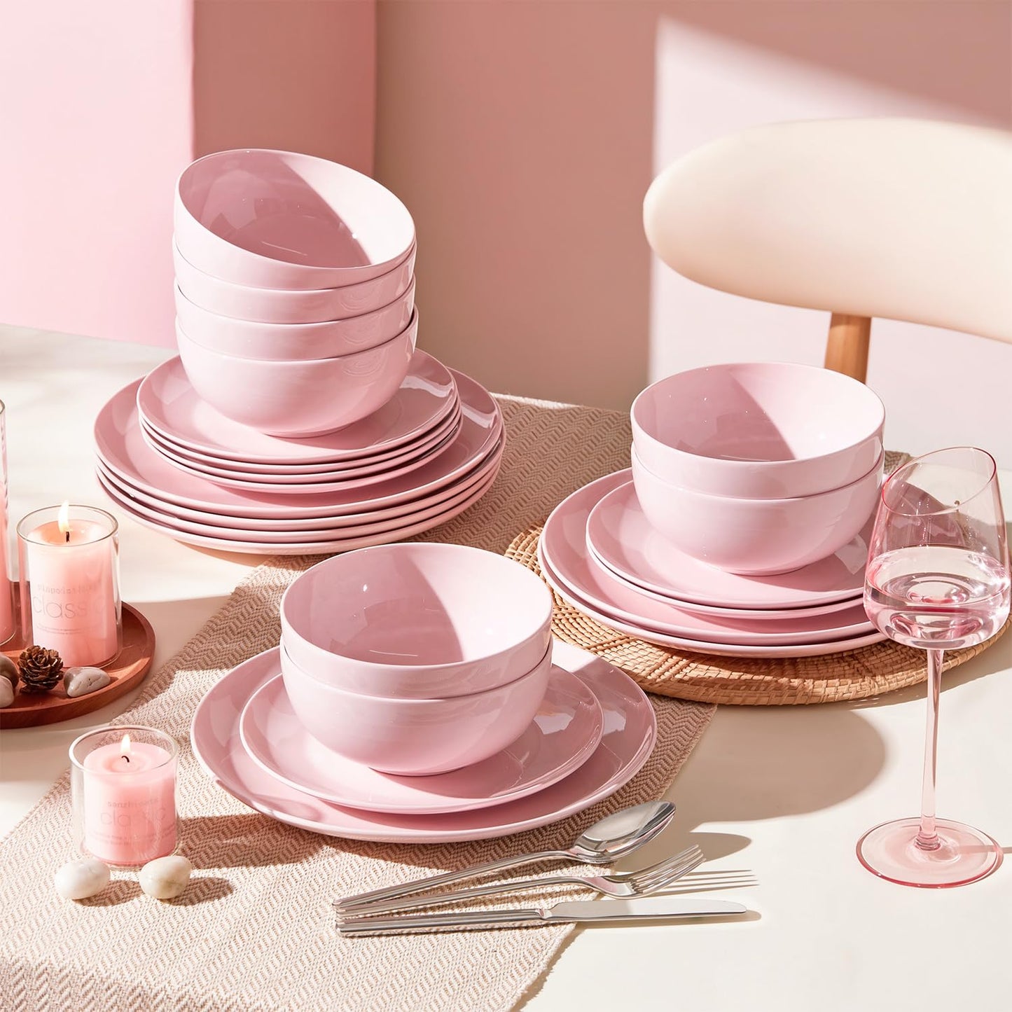 KINGSTONE 12-Piece Bone China Dinnerware Set for 4, Lightweight Porcelain Round Plates and Bowls Set, Durable Scratch Resistant Ceramic Dinner Set, Microwave & Dishwasher Safe, Sakura Pink