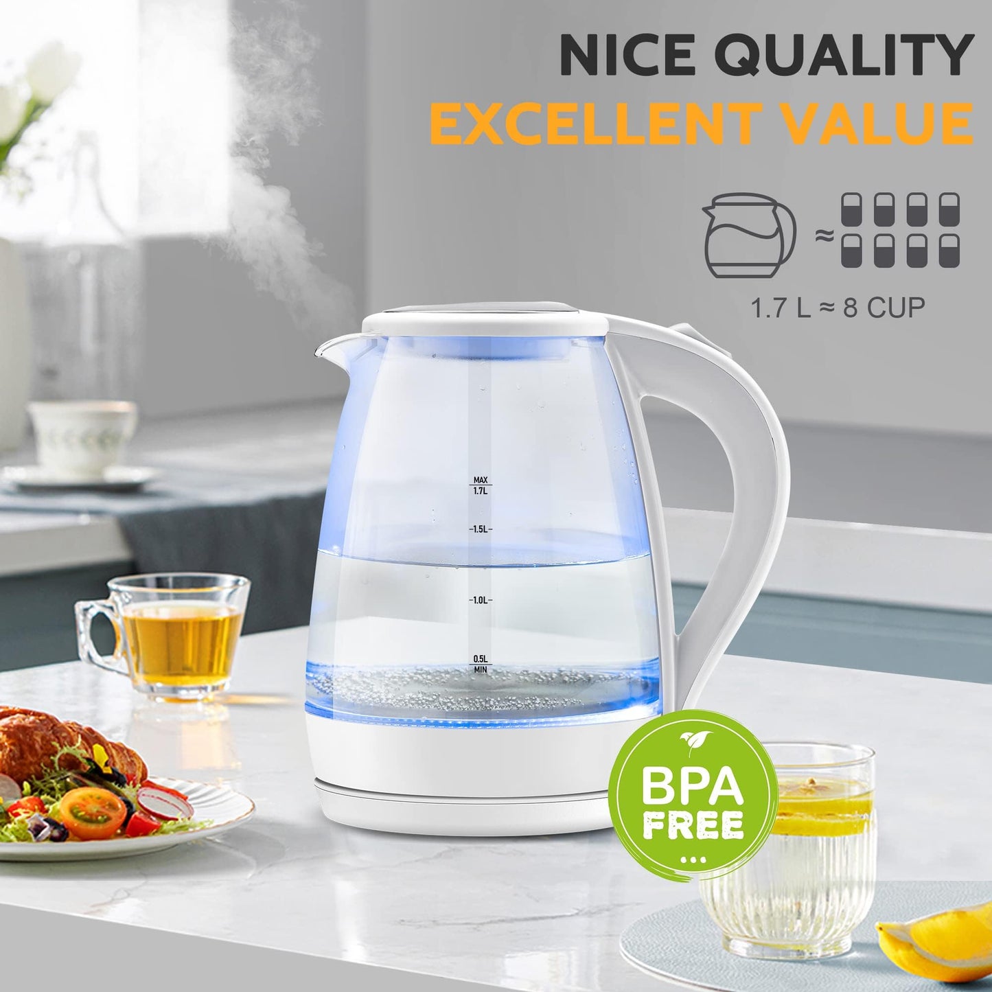 KEINVE Electric Kettle, 1.7L Tea Kettle & Hot Water Boiler for Coffee & Tea, Water Heater & Teapot, Automatic Shut Off, Borosilicate Glass, 1200W (White)